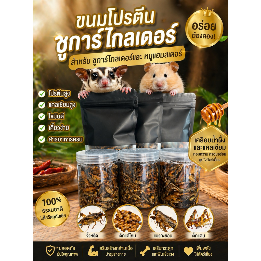 ขนมโปรตีนชูการ์ไกลเดอร์และหนูแฮมสเตอร์