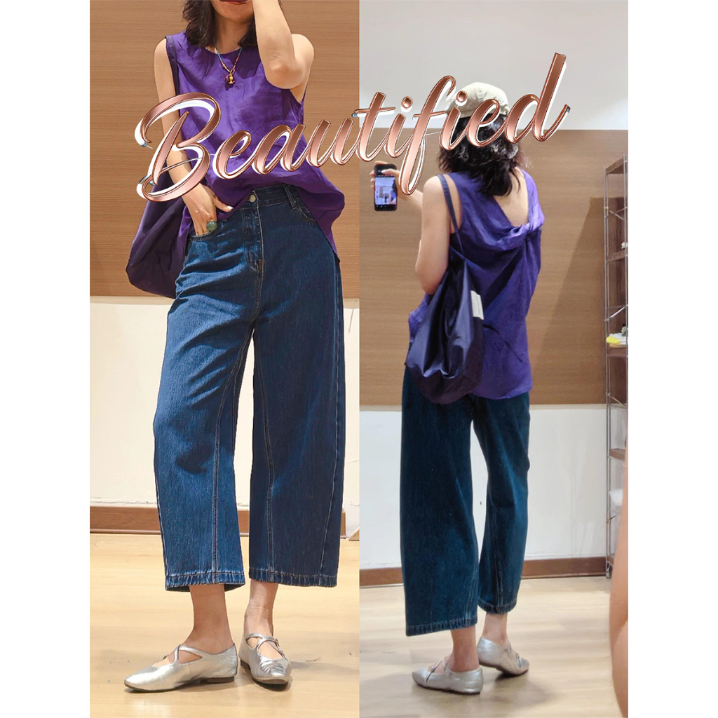 🫧Beautified🫧เอวสูงสไตล์วินเทจ กางเกง กางเกงยีนส์ยืด 9 ส่วน  ดูผอมสำหรับสาวไซส์ใหญ่ กระเป๋า S-5XL🎀V125