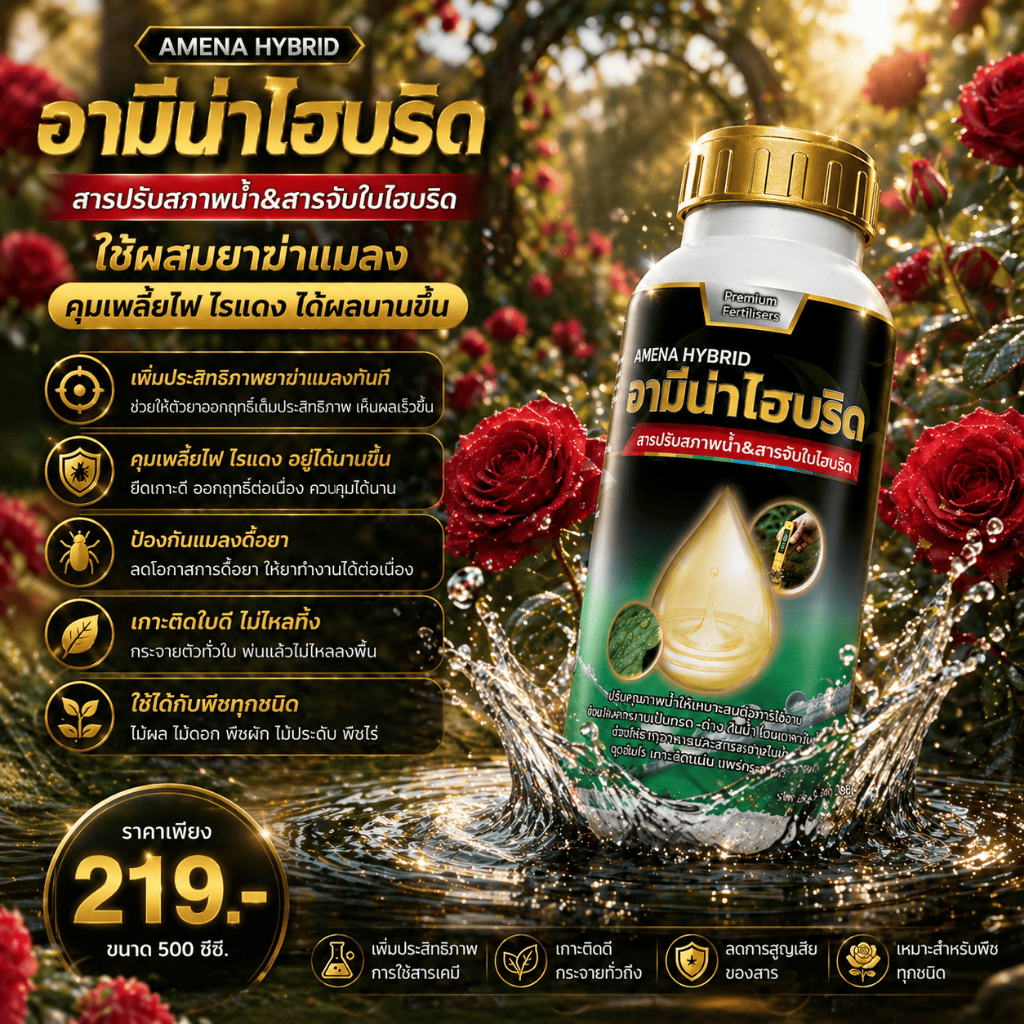 สารจับใบ + ปรับสภาพน้ำ สูตรเข้มข้น ใช้ผสมยาฆ่าแมลง คุมเพลี้ยไฟ ไรแดง เห็นผลไว อามีน่าไฮบริด 500cc