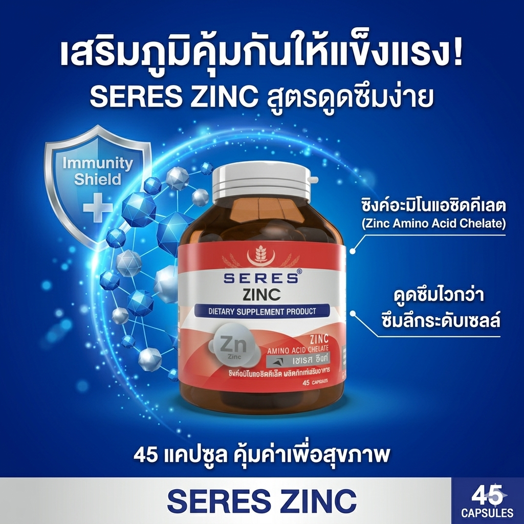 ของแท้ Seres Zinc วิตามินซิงค์ ลดสิว บำรุงผิว ผม เล็บ เสริมภูมิคุ้มกันในเม็ดเดียว 45 แคปซูล