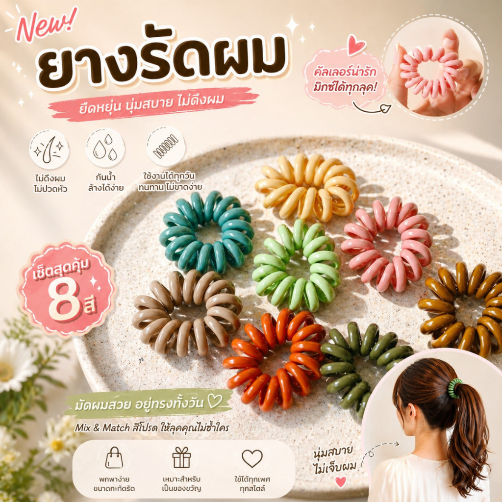 12 บาท ยางรัดผม ยางเกลียวรัดผมเส้นใหญ่ มีหลายสี
