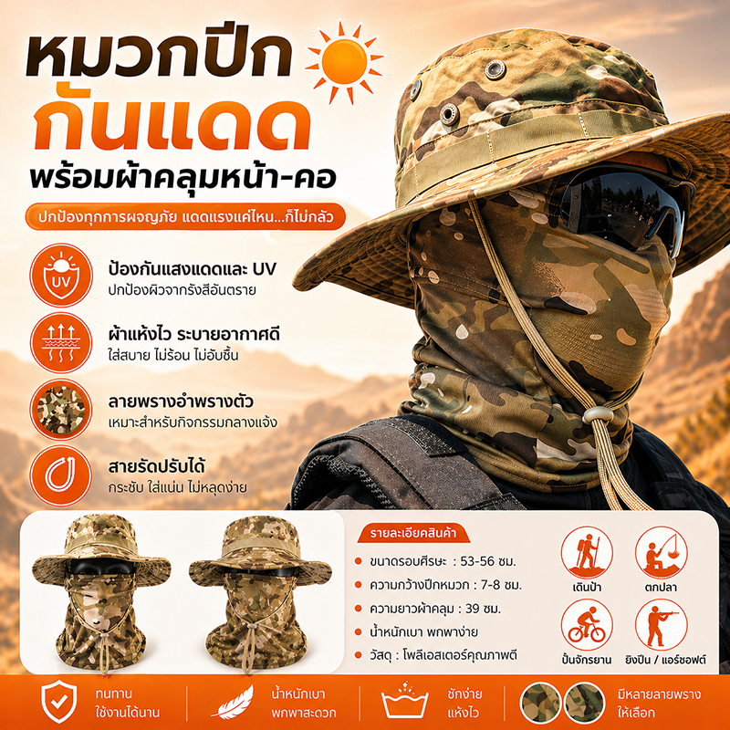 หมวกปีก หมวกกันแดดลายพราง หมวกกันแดด พร้อมผ้าคลุมหน้า ผ้าระบายออากาศได้ดี No.SP1