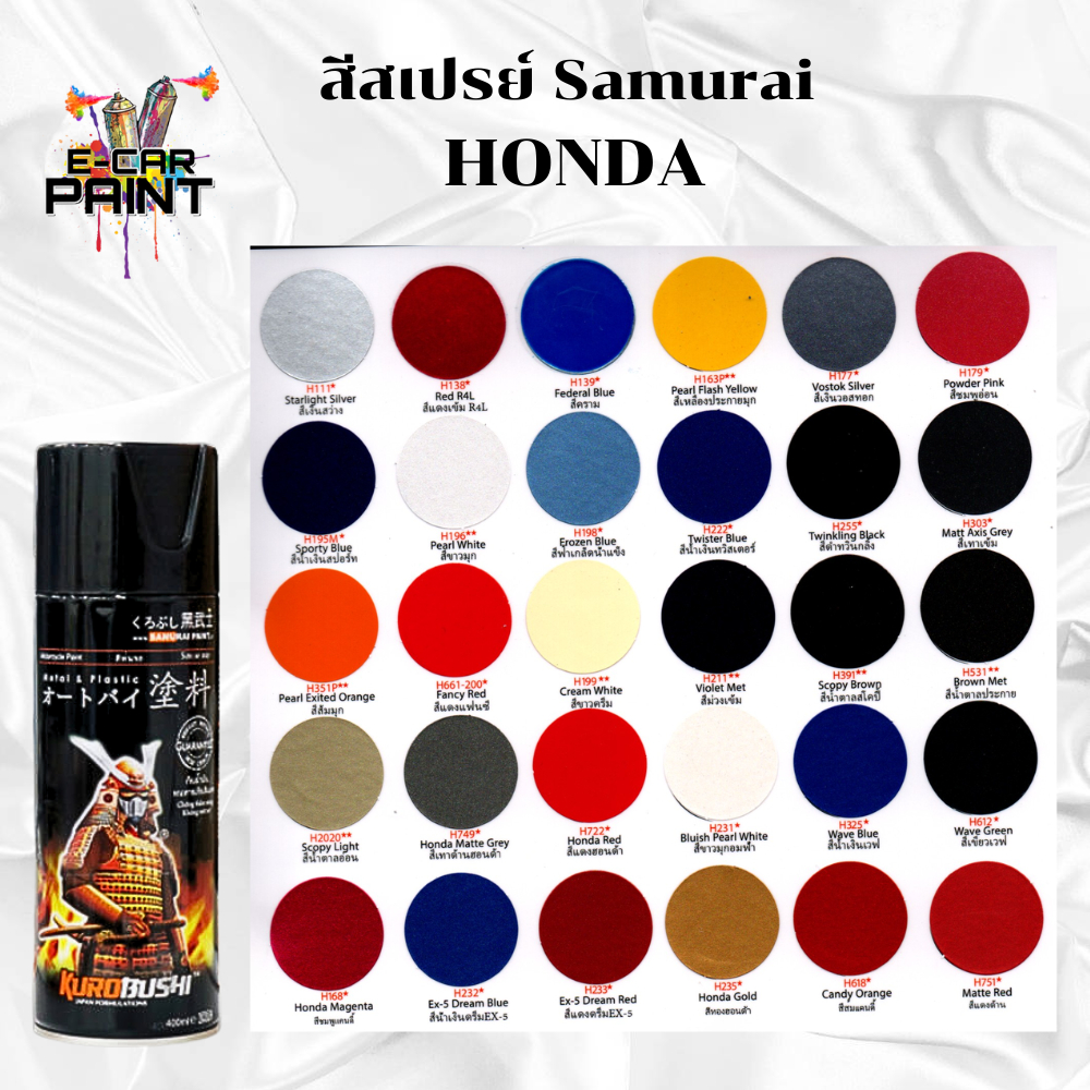 สีสเปรย์ Samurai สีHONDA มีให้เลือกหลายเฉดสี ขนาด 400ml