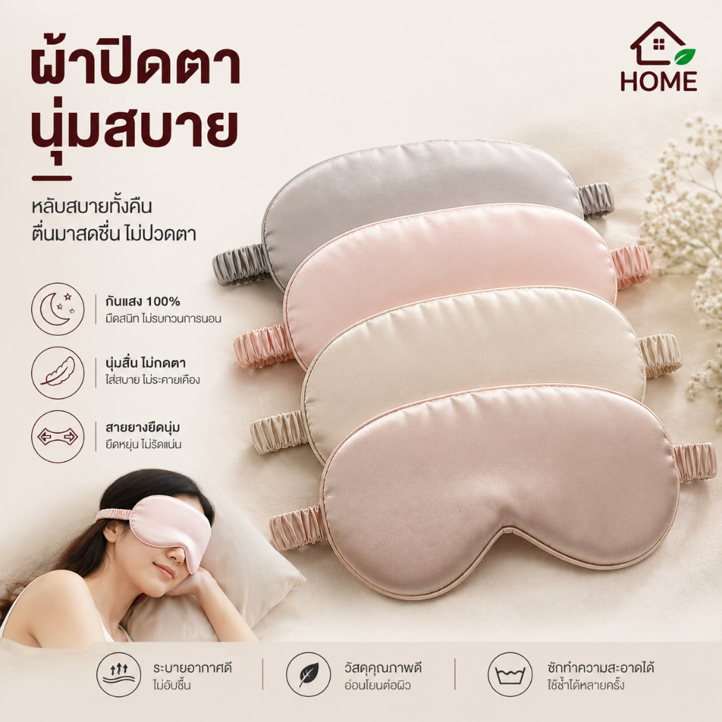 Home007 ผ้าปิดตาซาติน กันแสง 100% นุ่มลื่น ไม่กดตา สายยางยืด ใส่สบาย หลับสนิท Sleep Mask Eye Mask
