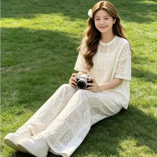 Swan shop ชุดเซ็ตผู้หญิง เสื้อถักลายฉลุ แขนสั้น + กางเกงขายาวทรงหลวม เอวยางยืด สไตล์เกาหลี น่ารัก ใส่สบาย