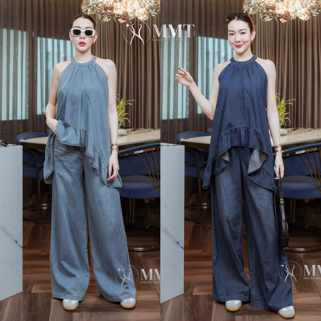 🌈🌿🌺🌸🌼💙🇰🇷 Jeans Sleeveless Frill Bottom Top&Jeans Long Pant Set
