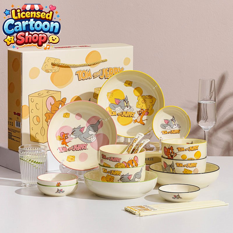 【ของแท้】Tom and Jerry ชุดชามเซรามิกพร้อมตะเกียบ 5 ชิ้น ลายโดปามีน ใช้ประจำ กล่องพรีเมียม ของขวัญยอดนิยม ของขวัญวันหยุด