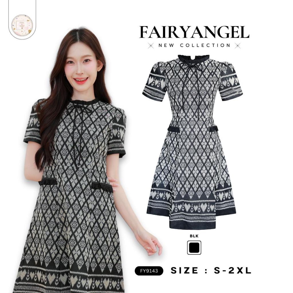 Fairyangelstore - เดรสผ้าพิมพ์ลายมัดหมี่แขนตุ๊กตาคอรูดผูกเชือก (FY9143)
