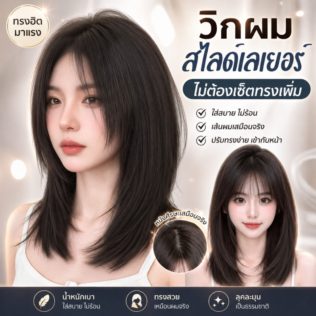 MAYAWIG วิกผมประบ่าสไลด์ เลเยอร์ มีหน้าม้าซีทรู สีน้ำตาลดำ (50 cm.) MS16