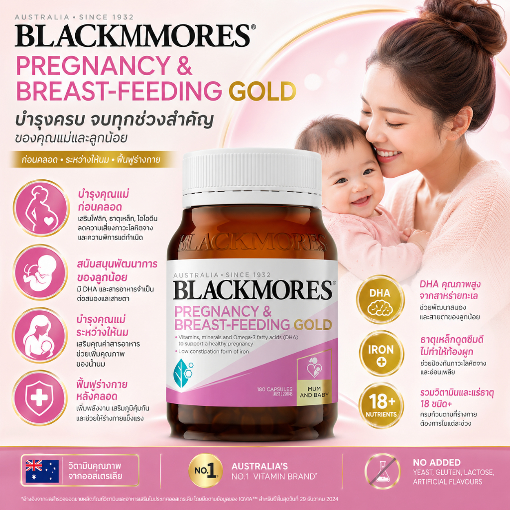 Blackmores Pregnancy&Breast-Feeding GOLD 180 แคปซูล วิตามินบำรุงครรภ์และให้นมบุตร โอเมก้า-3 DHA โฟลิก ไอโอดีน ธาตุเหล็ก