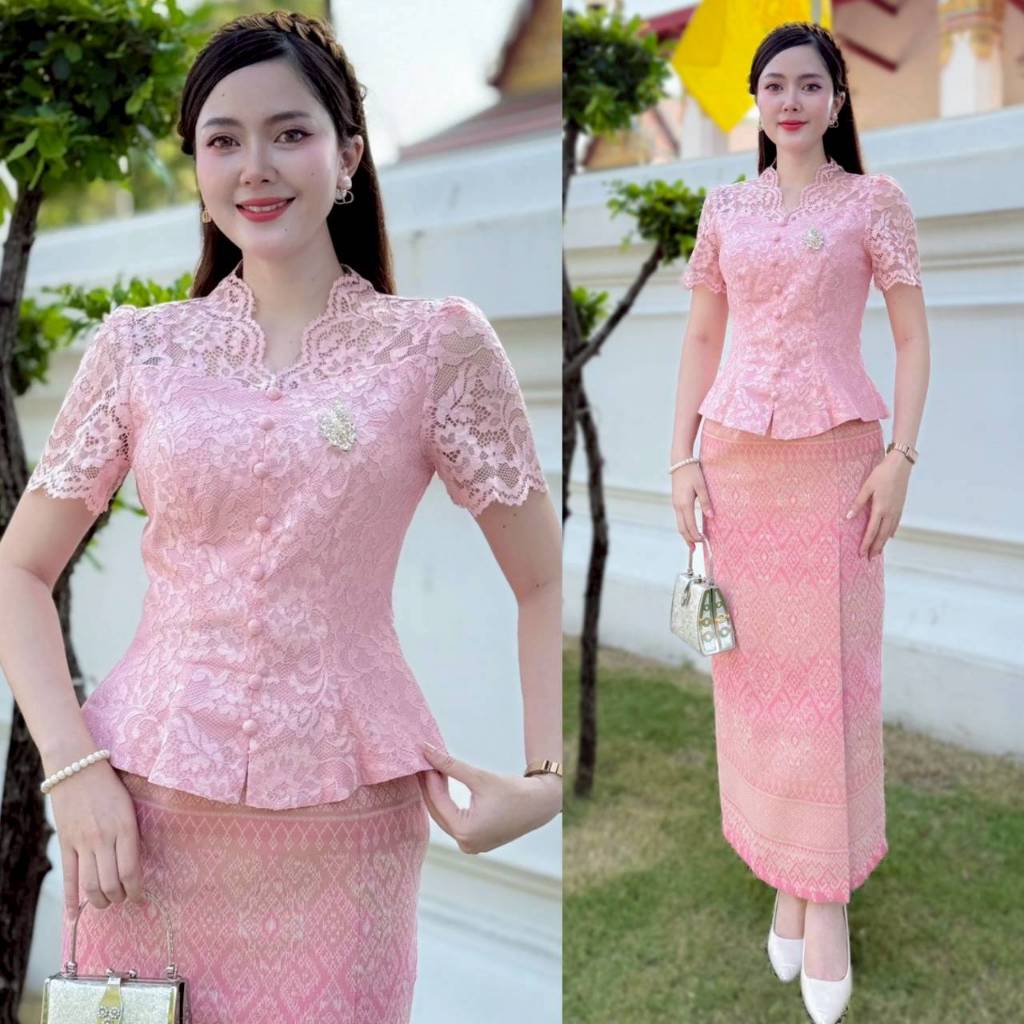ชุดไทย ชุดset 2ชิ้น เสื้อลูกไม้ คอระบาย แขนสั้น  ซิปหลัง มีกระดุมคอใช้งานได้จริง อัดกาวทัังตัว แพตเทิร์นเป๊ะเข้ารูปใส่อ