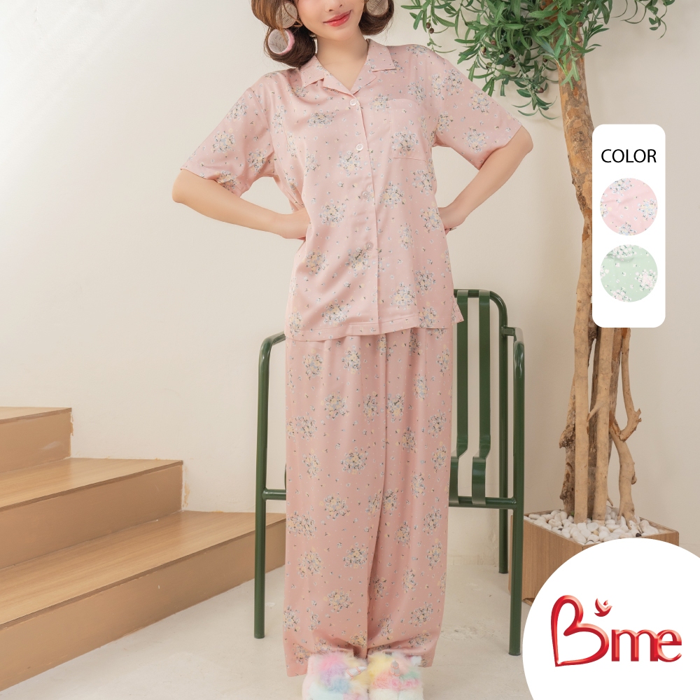 B'me ชุดนอนเสื้อแขนสั้นพร้อมกางเกงขายาว คอฮาวาย รุ่น ME8805 (New M.5) มี 4 สี สีชมพู สีเขียว สีเหลือง สีฟ้า