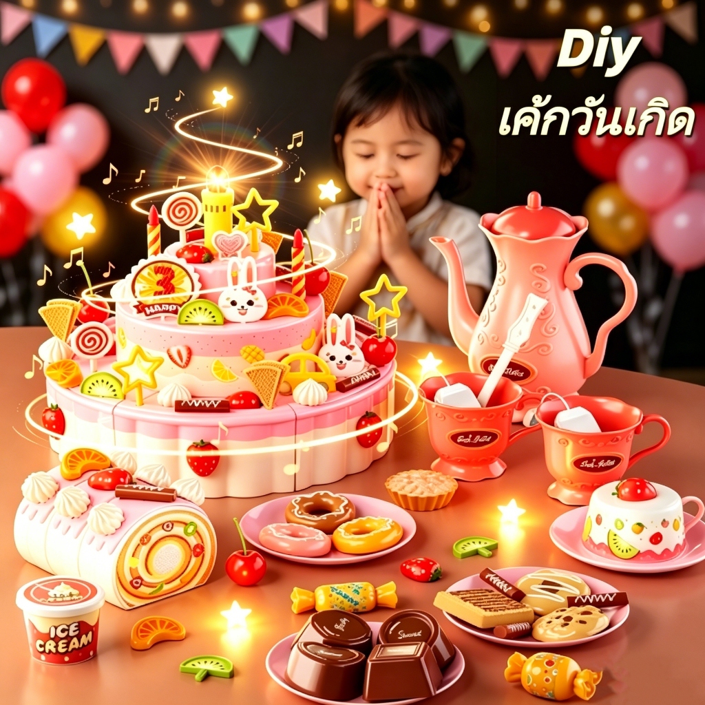 Diy ชุดของเล่นเค้กวันเกิด ของเล่นจำลอง ตัดแบ่งได้ เทียนเป่าได้ มีไฟและเสียงเพลง วันเกิดของขวัญเด็ก