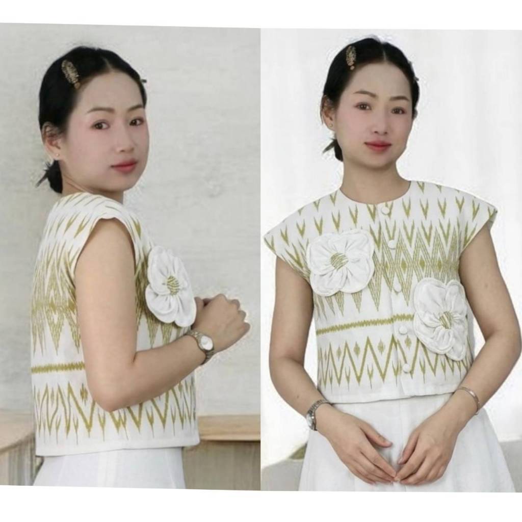 [ Kik pha fai ]A12.เสื้อคอกลมแขนลํ้าผ้าฝ้ายพิมพ์ ลายหมักโคน