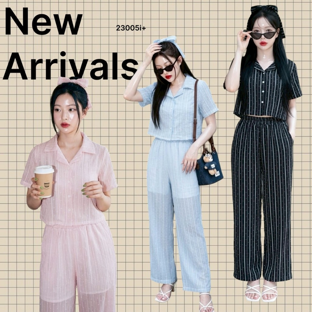 Set 3 ชิ้น ลายริ้วจุด เสื้อเชิ้ตแบบครอป + กางเกงขายาว กับ สายโบว์ TT23005