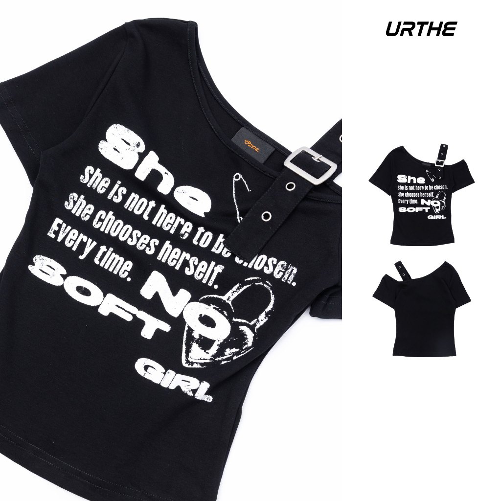 URTHE - เสื้อครอป สายเข็มขัด เปิดไหล่ รุ่น NO SOFT GIRL ASYMMETRIC PUNK TOP - Col. OZDE UNTITLED