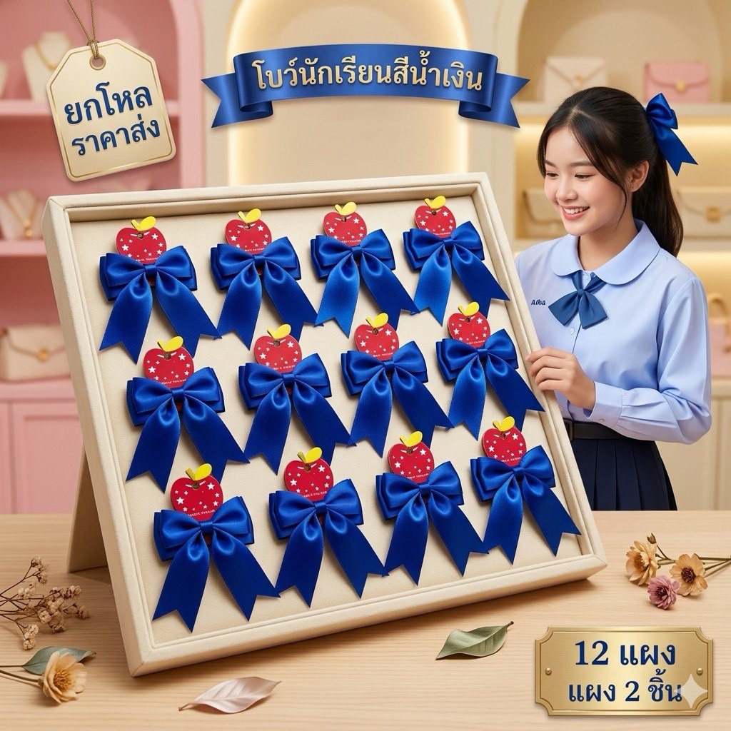 โบว์ติดผมนักเรียน ยกโหล 12 คู่ (24ชิ้น)ขนาด2.5นิ้ว พร้อมส่ง