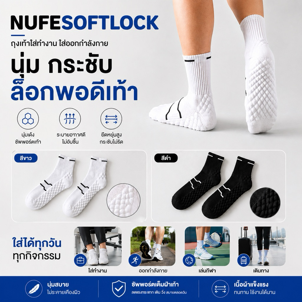 NUFESOFTLOCK ถุงเท้าล็อคเท้า ไม่ย้วน ระบายอากาศดี พื้นหนานุ่ม ถุงเท้า2in1ใส่ทำงานออกกำลังกาย เบอร์36-44