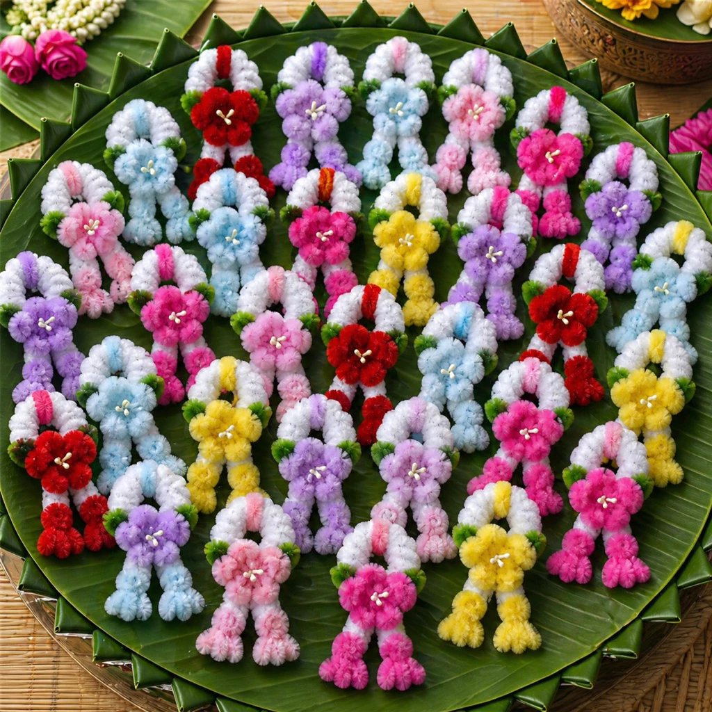 พวงมาลัยจิ๋วดอกไม้ลวดกำมะหยี่ สีพาสเทล งานฝีมือสุดคิ้วท์