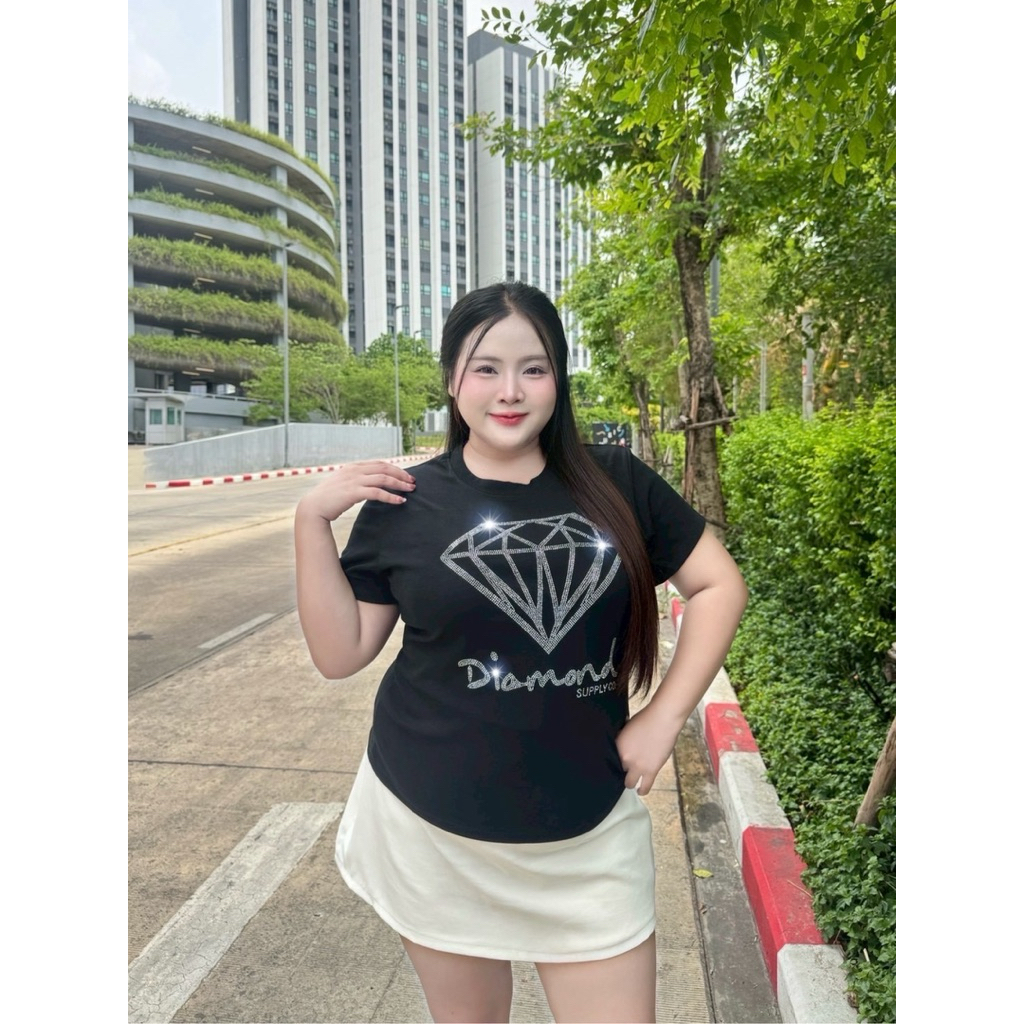 ย 105 เสื้อยืดคอกลมสาวอวบรีดเพชรสวยๆ ผ้าคอตตอนยูนิโคล