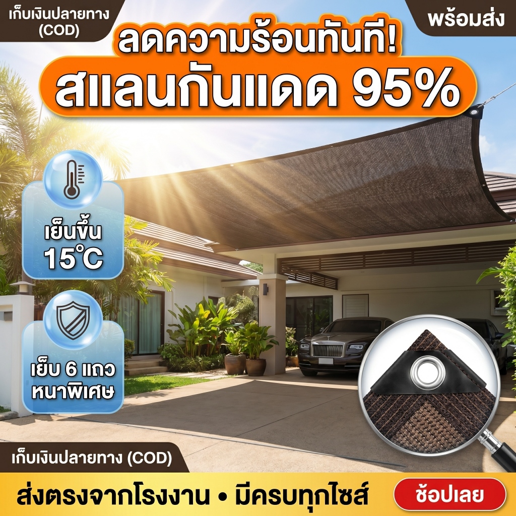 สแลนกันแดด 95% ตาข่ายกรองแสง ผ้าใบกันแดด กัน UV ทนทานพิเศษ สแลนบังแดด กรองแสงแดด สำหรับจัดสวน กันสาด (เลือกขนาดได้)