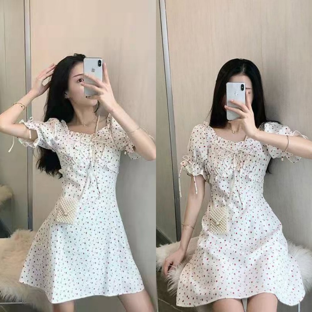 ชุดเดรสลายดอกไม้สีทึบ กระโปรงสั้นแขนพองไหล่เดียว คอสี่เหลี่ยมเอวบาง ผ้าสบาย