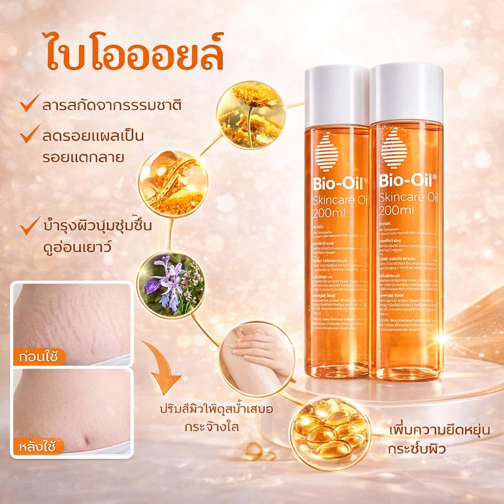 BIO OIL ผลิตภัณฑ์ที่ช่วยในการปกป้องผิวแห้ง ลดเลือนรอยแผลเป็น ผิวแตกลาย สีผิวไม่สม่ำเสมอ Bio oil 200ml