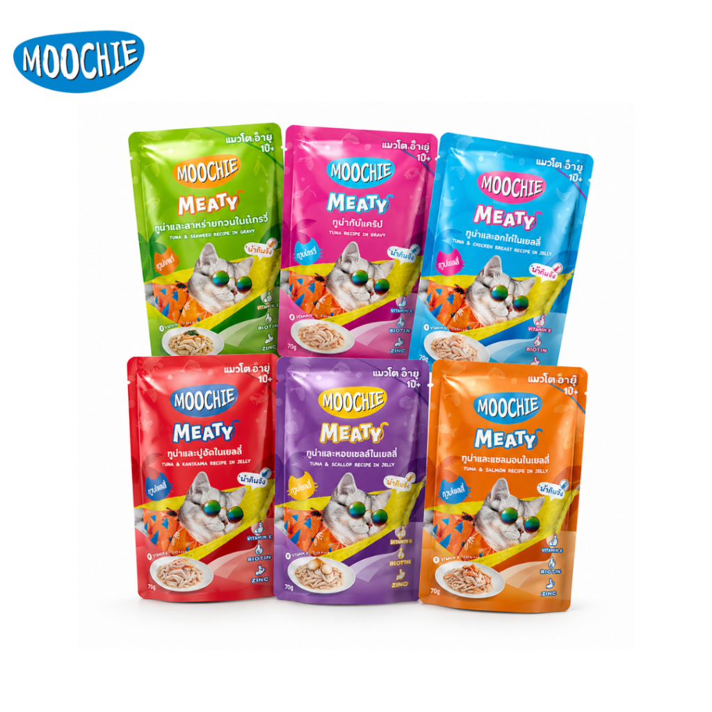 Moochie Meaty อาหารเปียกแมวทูน่า เยลลี่เกรวี่ 70g x12 สำหรับแมวโต 1ปี+ Adult 1Y+ Petus Kingkaew