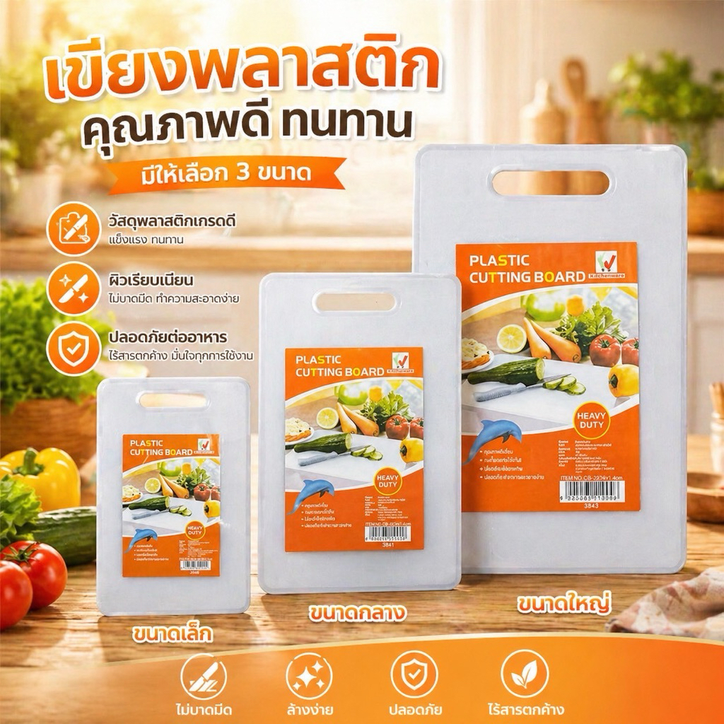 [Food Grade] เขียงพลาสติกคุณภาพดี เกรดอาหาร (มี 3 ขนาดมาตรฐาน) แข็งแรง ทนทาน ไม่ขึ้นรา ทำความสะอาดง่าย