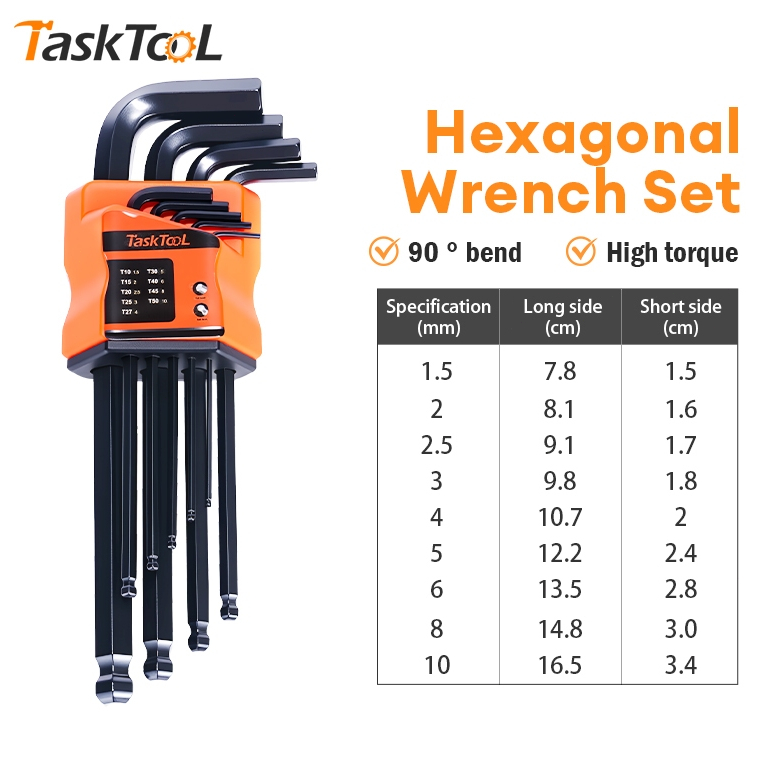 TASKTOOL (ชุด 9 ชิ้น) หกเหลี่ยมหัวบอล ชุดประแจอัลเลน เหล็กเกรด CR-V เครื่องมือฮาร์ดแวร์ เครื่องมือซ่อม
