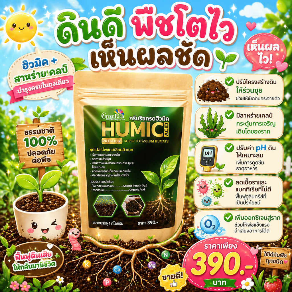 Super Potassium Humate สูตรเข้มข้น บำรุงดิน ฟื้นฟูราก เห็นผลไว  ฮิวมิกเกรดA  1กิโลกรัม