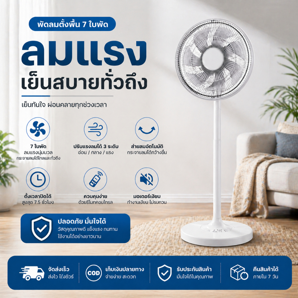 พัดลมตั้งพื้น   พัดลมเงียบ  พัดลม 7 ใบรุ่นใหม่ประหยัดพลังงานลมแรงขึ้น 14 นิ้ว