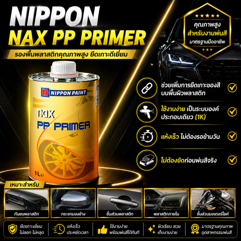 NIPPON Nax PP Primer 1L สีรองพื้นเกาะพลาสติก กันชน สปอยเลอร์ พ่นง่าย แห้งเร็ว