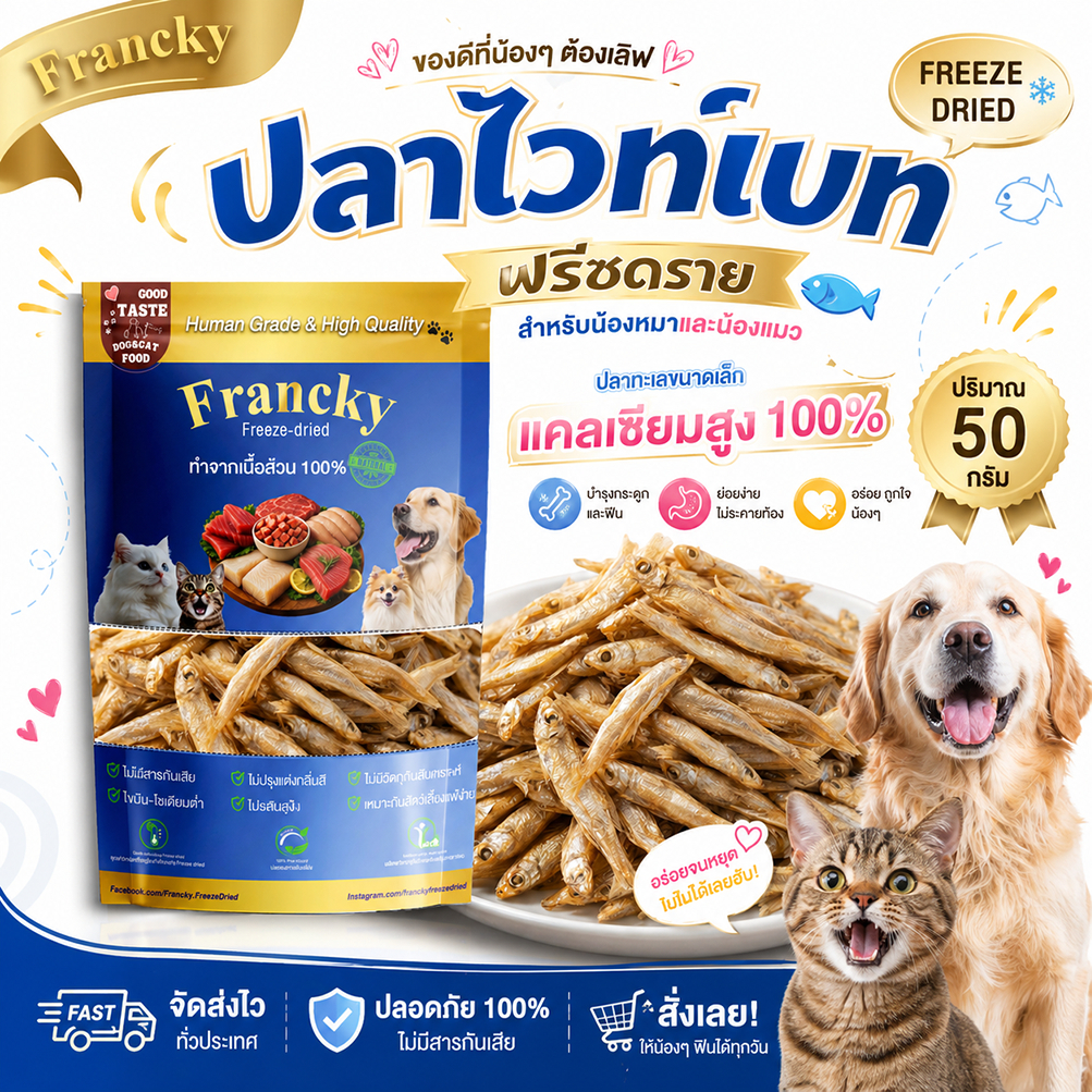 [เสริมแคลเซียมบำรุงกระดูก] ปลาไวท์เบทฟรีซดราย 50g. Francky บำรุงกระดูกและฟัน หอมอร่อย ทานง่าย