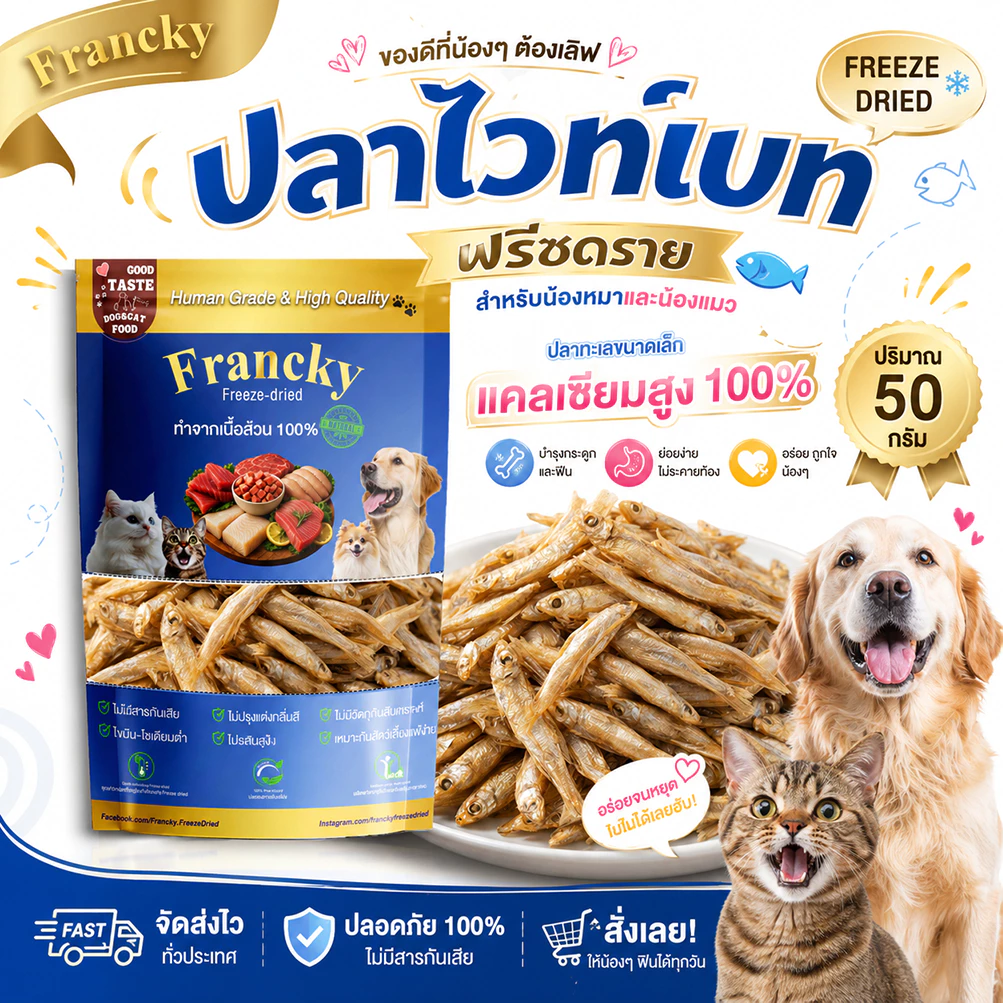 [เสริมแคลเซียมบำรุงกระดูก] ปลาไวท์เบทฟรีซดราย 50g. Francky บำรุงกระดูกและฟัน หอมอร่อย ทานง่าย