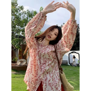 Bella Shop เสื้อเชิ้ตแขนยาวลายดอกไม้สำหรับผู้หญิง ผู้หญิงเสื้อบาง คอกลม สไตล์ย้อนยุคฝรั่งเศส หลวมและสบาย
