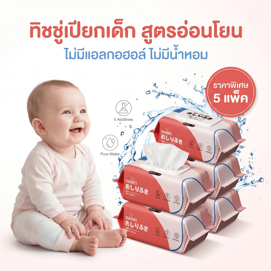 ทิชชู่เปียกเด็ก 80 แผ่น ผ้าทำความสะอาด นุ่ม ไม่มีแอลกอฮอล์และน้ำหอม