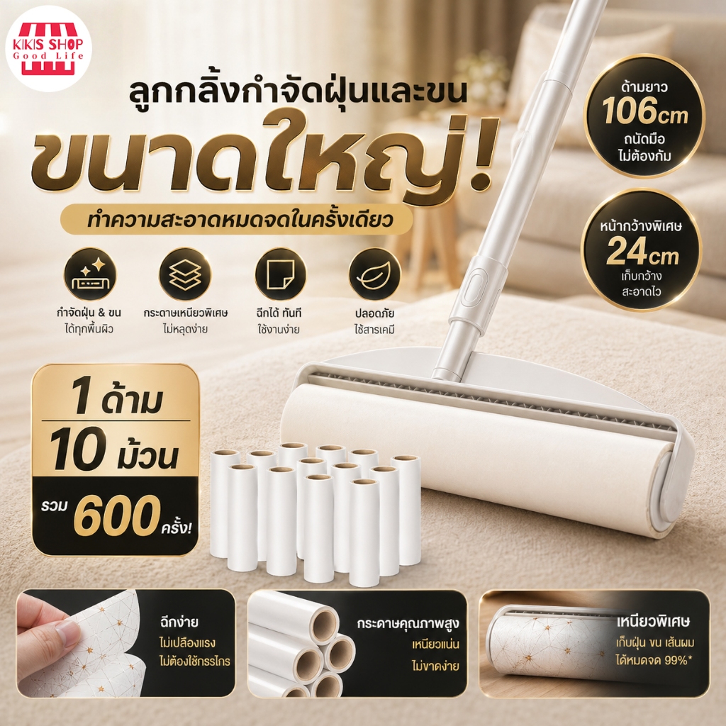 ลูกกลิ้งเก็บขนปรับความยาวได้ 24cm พร้อม 10 ม้วนกาว ทำความสะอาดบ้านและสัตว์เลี้ยง