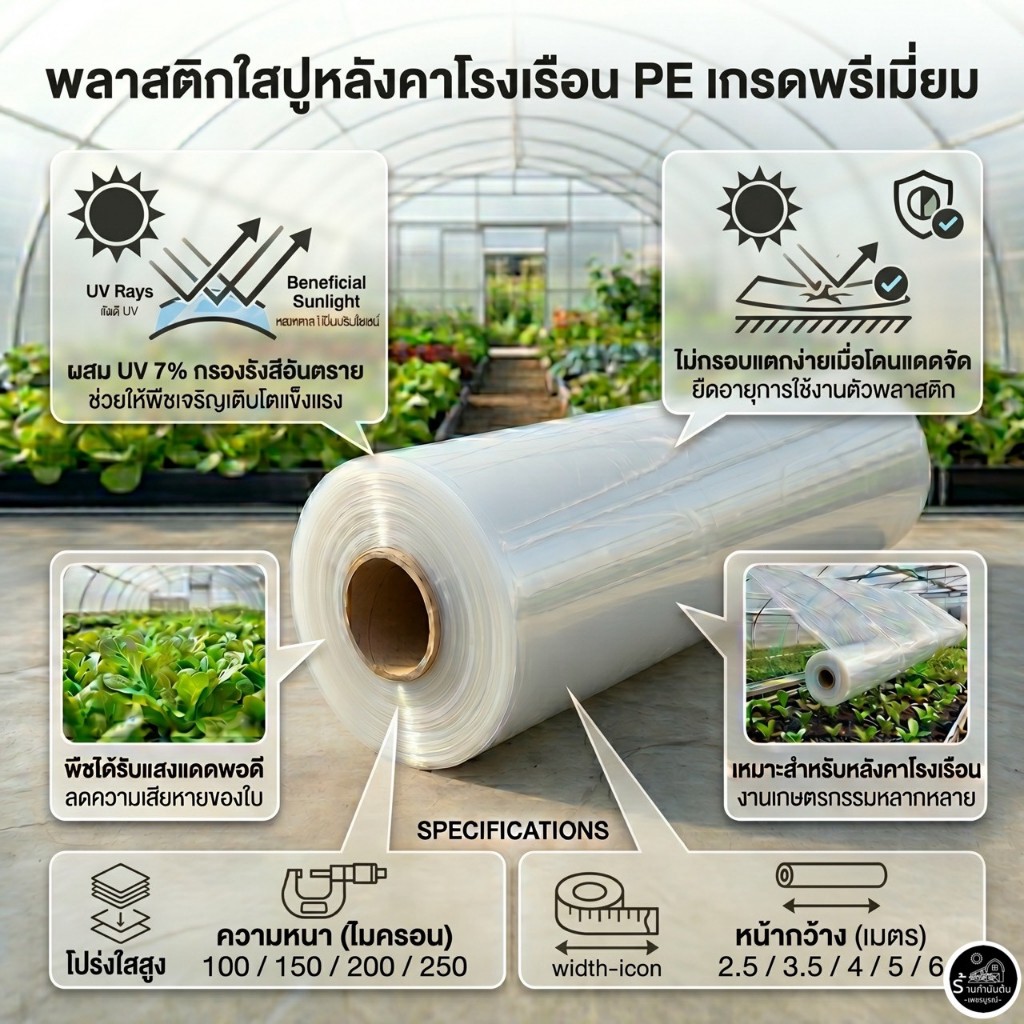 พลาสติกโรงเรือน พลาสติกใส หนาพิเศษ 100-250 ไมครอน มี UV7% หน้ากว้าง 2.5m ,3.5m ,4m ,5m ,6m ขายเป็นเมตร เริ่มต้น1เมตร กดเ