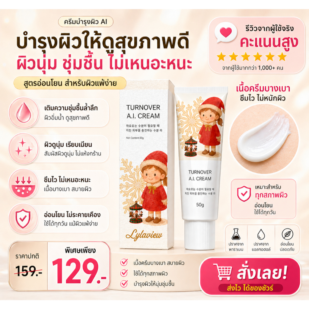 【ผิวแพ้ง่าย】ครีมลดสิวผด สิวอักเสบ ลดรอยแดง อ่อนโยนต่อผิวแพ้ง่าย LYLAVIEW TURNOVER  A.I. CREAM 50g