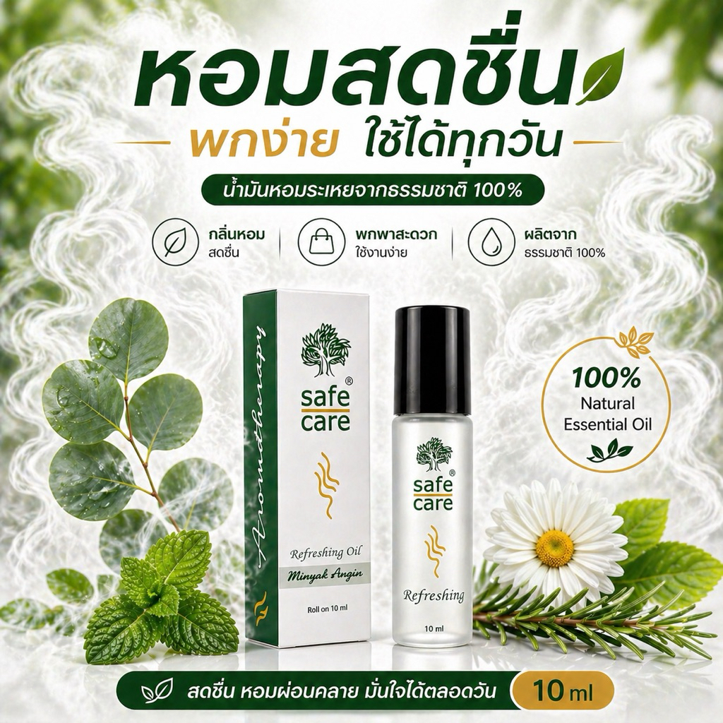 Safe Care Refreshing Oil 10 ml น้ำมันอโรม่าสมุนไพรธรรมชาติ 100% หอมสดชื่นทันที สูดโล่ง พกง่าย ใช้ได้ทุกวัน