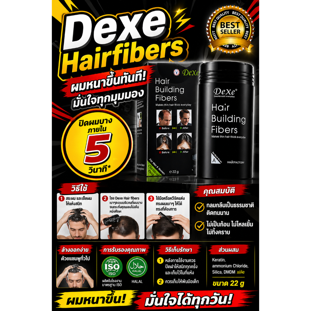 🔥Hot Item🔥Dexe Hair Building Fiber 22 g ปิดผมบาง หัวล้าน ผมบาง ผงไฟเบอร์เพิ่มผมหนา พร้อมกล่องบรรจุภัณฑ์