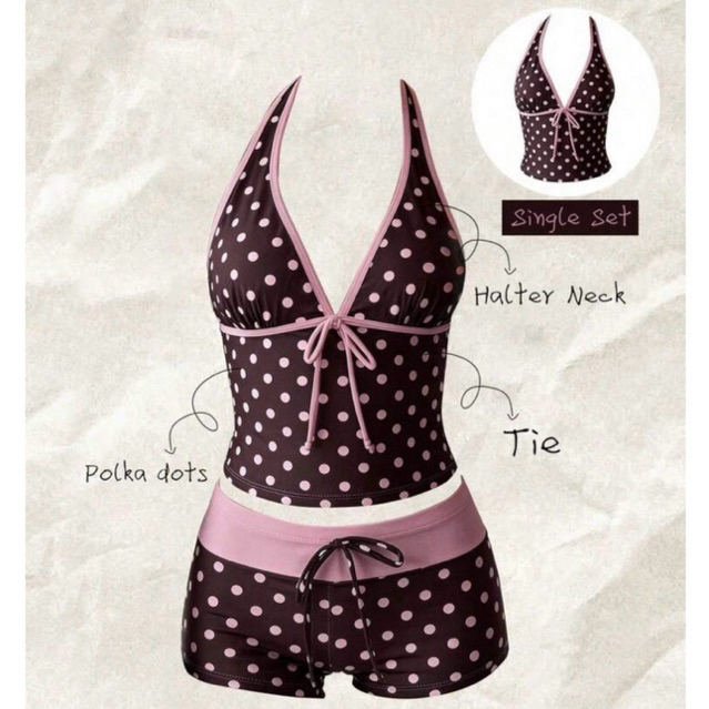 บิกีนี่พิมพ์ลายจุด มีฟองน้ำ ดีไซน์ Halter Neck พร้อม Tie สำหรับผู้หญิง