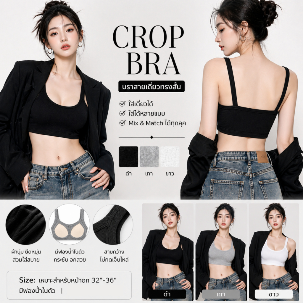 💥TOPLIST💥 (N1155) Crop Bra บราสายเดี่ยวทรงสั้น ใส่เดี่ยวได้ สไตล์มินิมอล เซ็กซี่เบาๆ