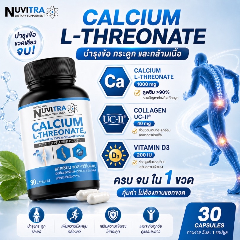 Nuvitra Calcium L-Threonate 1000 mg และ Undenatured Collagen type II 40 mg แคลเซียม คอลลาเจน สำหรับข