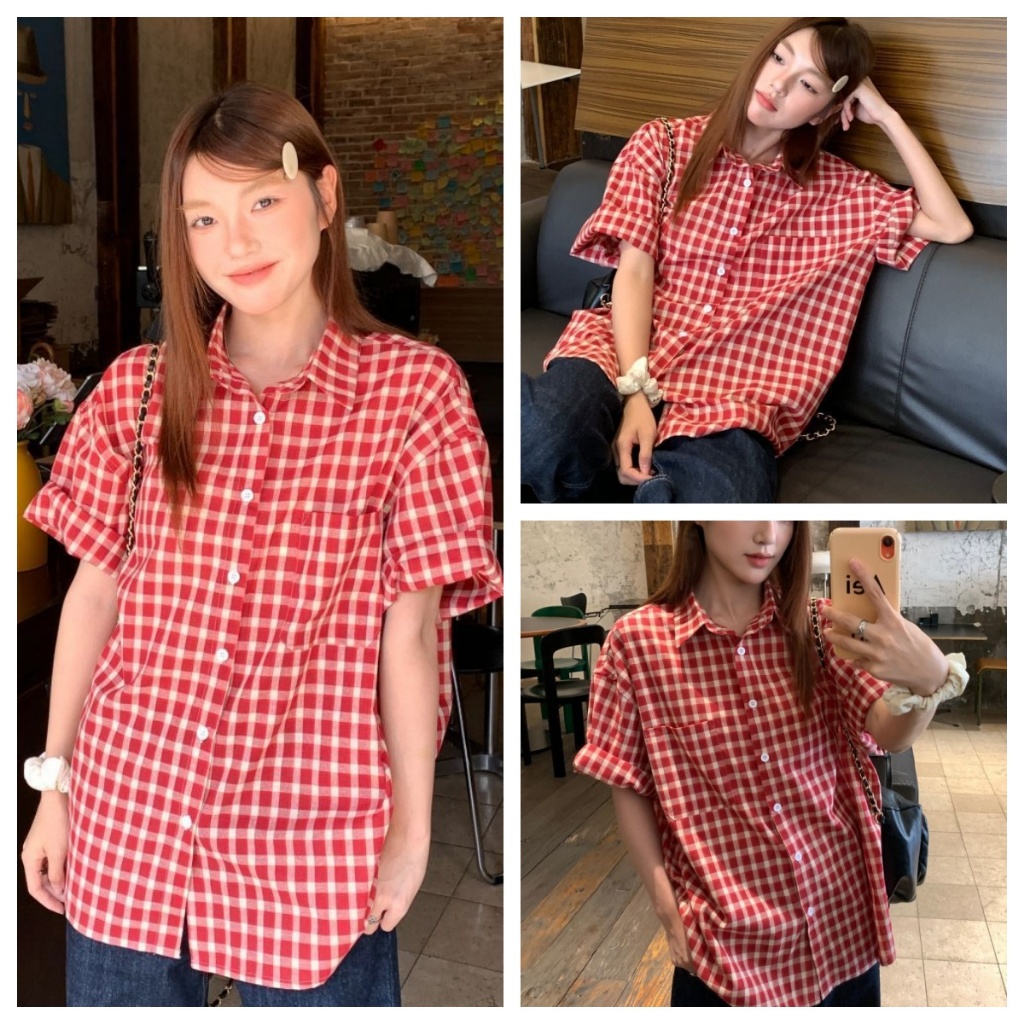 เสื้อเชิ้ตลายสก๊อตสีแดงผู้หญิง เสื้อเชิ้ตแขนสั้นวินเทจ หลวม ลำลอง สบาย อเนกประสงค์ เบา และ