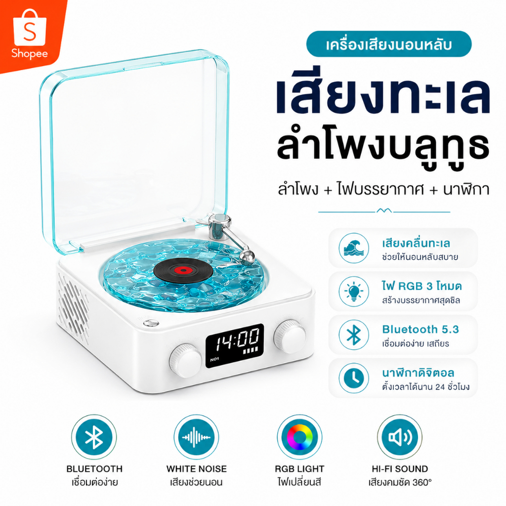 เครื่องเสียงนอนหลับ เสียงทะเล ลำโพง Bluetooth 5.3 ไฟ RGB นาฬิกาดิจิตอล White Noise กล่อมนอน หลับง่าย
