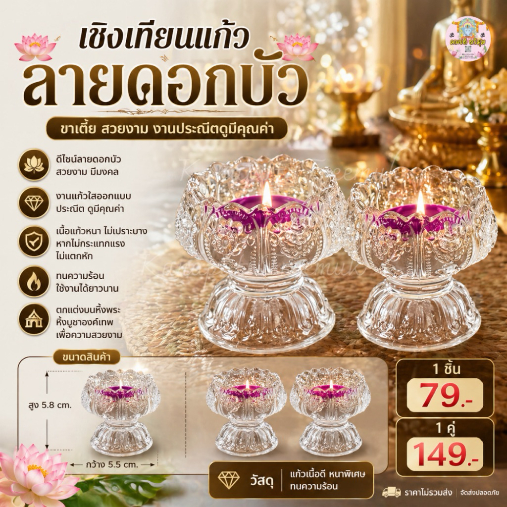 เชิงเทียนแก้วลายดอกบัว ขาเตี้ย สวยงาม งานทำจากแก้ว🕯️