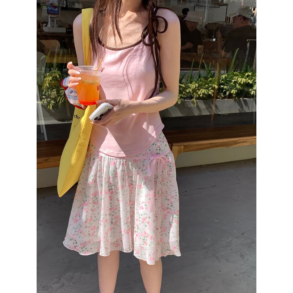 Somedays l 🐰Minji Skirt (S-XL)กระโปรงเลเยอร์2ชั้น ซีทรูชีฟองพิมพ์ลายดอกไม้+ซับในซาติน