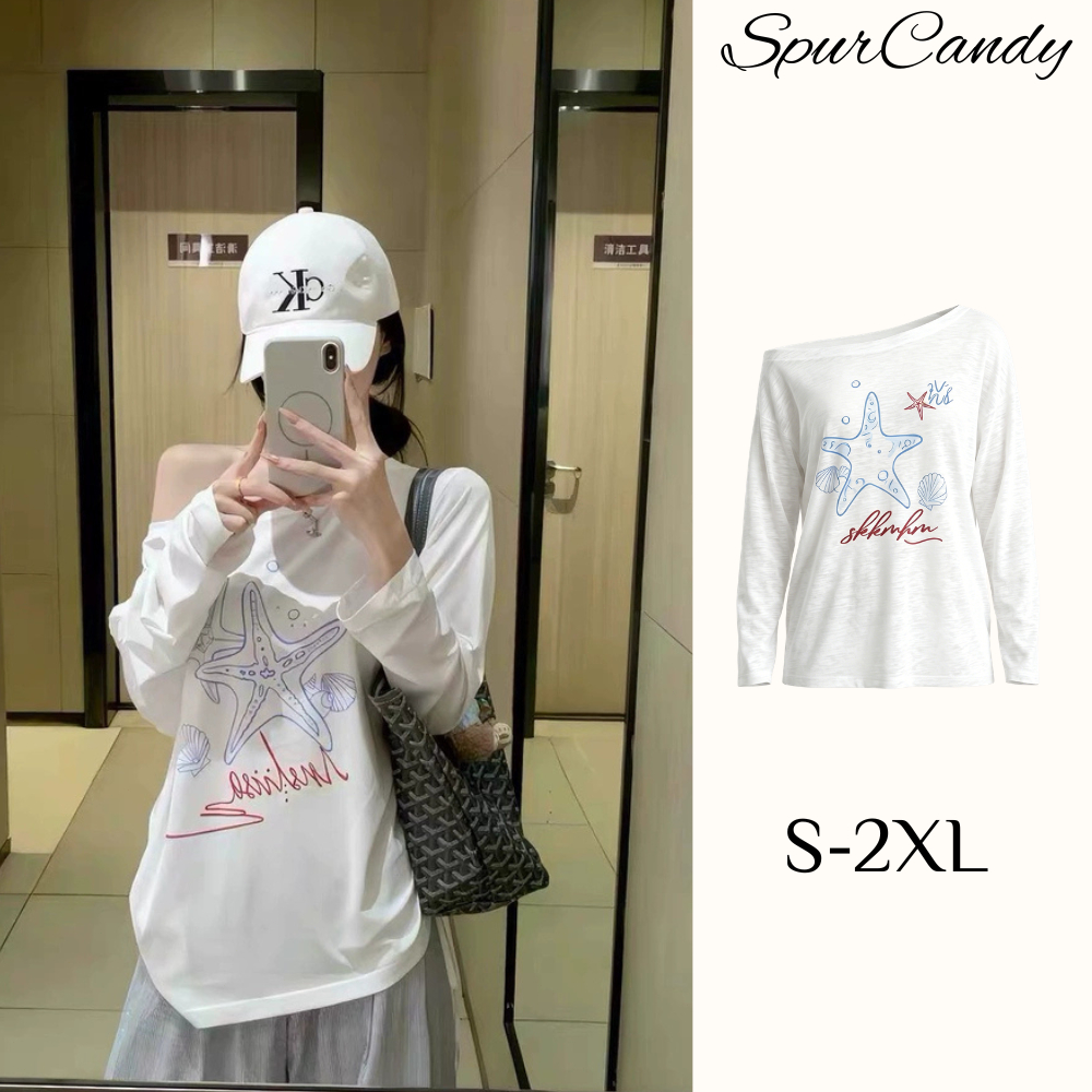 SuperCandy🌷เสื้อยืดแขนยาวสีขาวบางๆ เปิดไหล่ เสื้อคลุมกันแดดสำหรับผู้หญิง ทรงหลวมๆ สำหรับฤดูร้อน เนื้อผ้าโปร่งเล็กน้อย